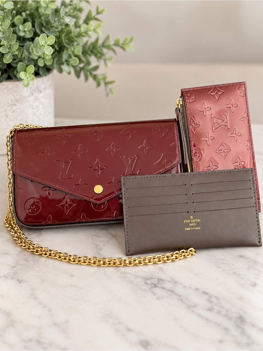 LV Style Burgundy Patent Monogram Chain Crossbody Bag w/ Wallet Accessories VGUC